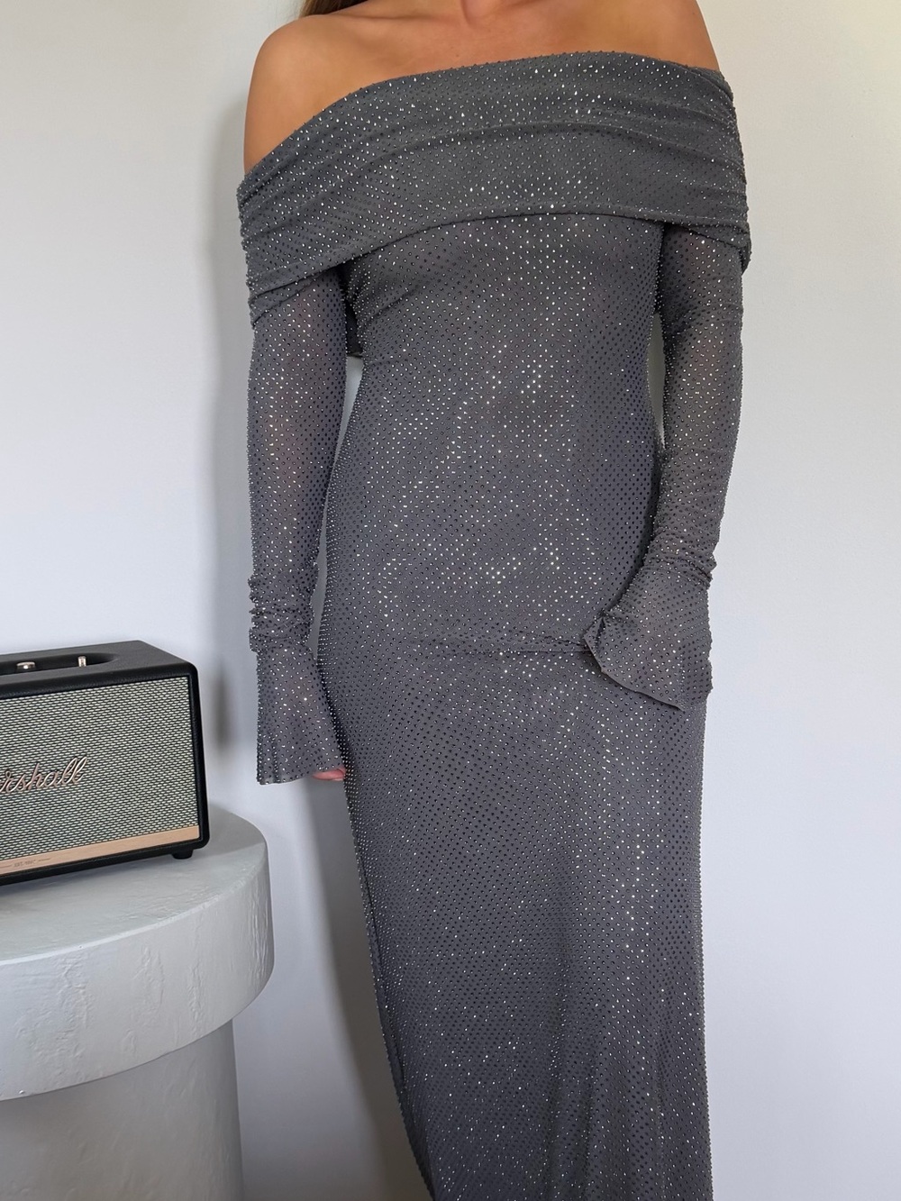 Meshki Grey Off-Shoulder Sparkle Gown